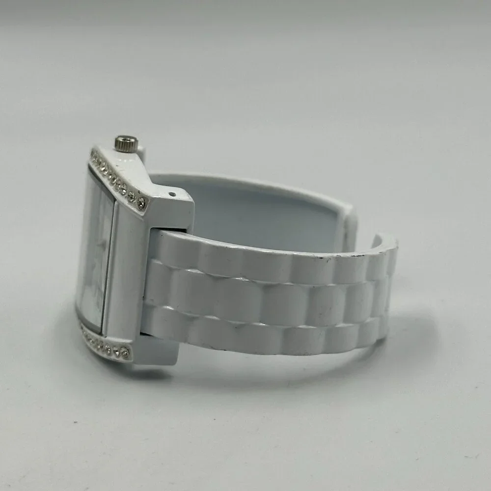 3/$30 Geneva Watch Women White Crystal Bezel Hinged Cuff Band New Battery